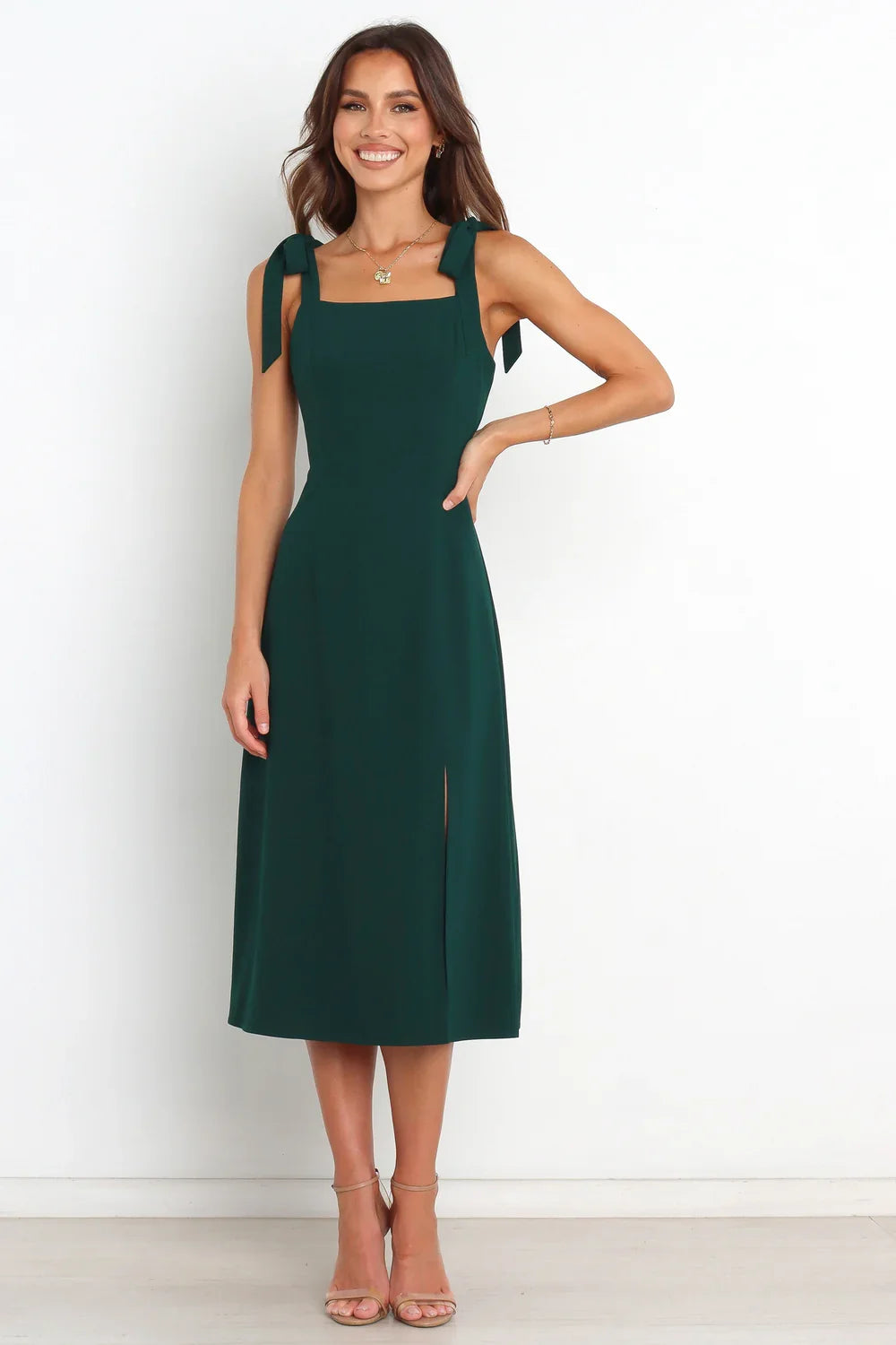 Square Neck High Slit Midi Wedding Dress - Yihuiw by Yihuiw