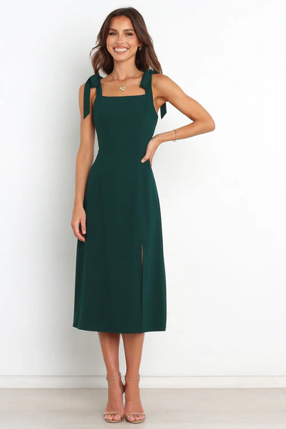Square Neck High Slit Midi Wedding Dress - Yihuiw by Yihuiw