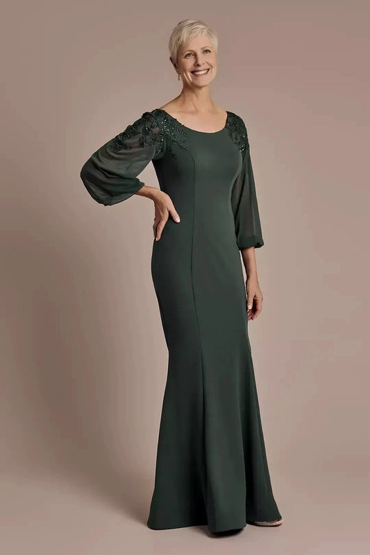 Refined Sheath Boat Neck Bishop Sleeve Lace Back Floor Length Mother of the Bride Dress by YiHuiw