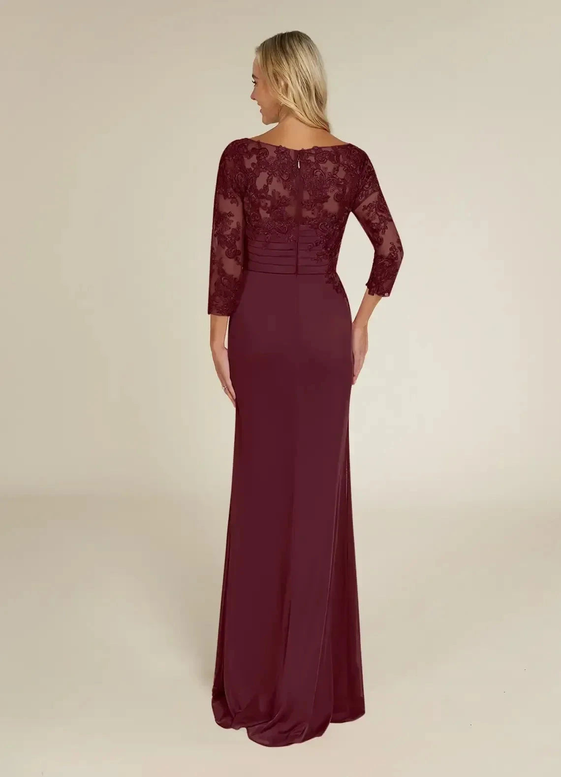 Refined Sheath Boat Neck Three Quarter Sleeve Lace Back Floor Length Mother of the Bride Dress by YiHuiw