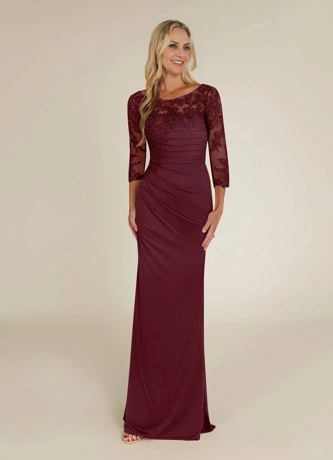 Refined Sheath Boat Neck Three Quarter Sleeve Lace Back Floor Length Mother of the Bride Dress by YiHuiw