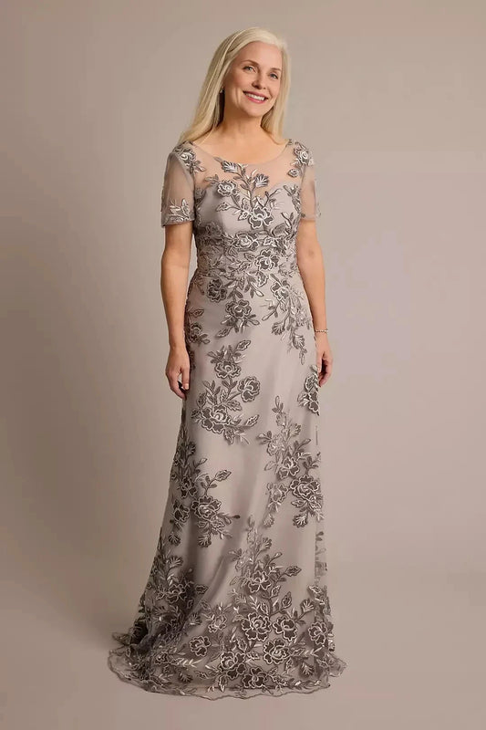 Refined Sheath Crew Neck Short Sleeve Lace Back Floor Length Mother of the Bride Dress by YiHuiw