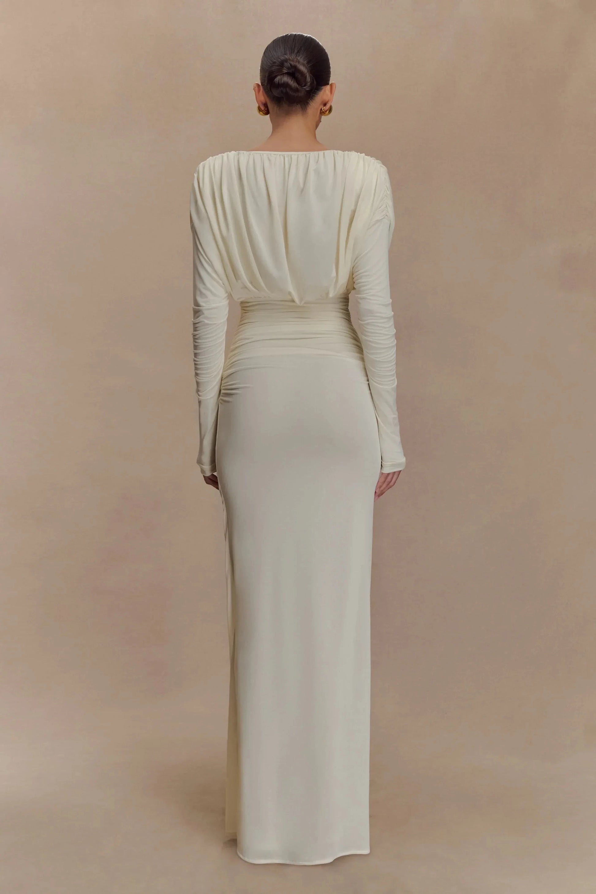 Refined Sheath Deep V Neck Long Sleeve Draped Back Floor Length Prom Dress by YiHuiw