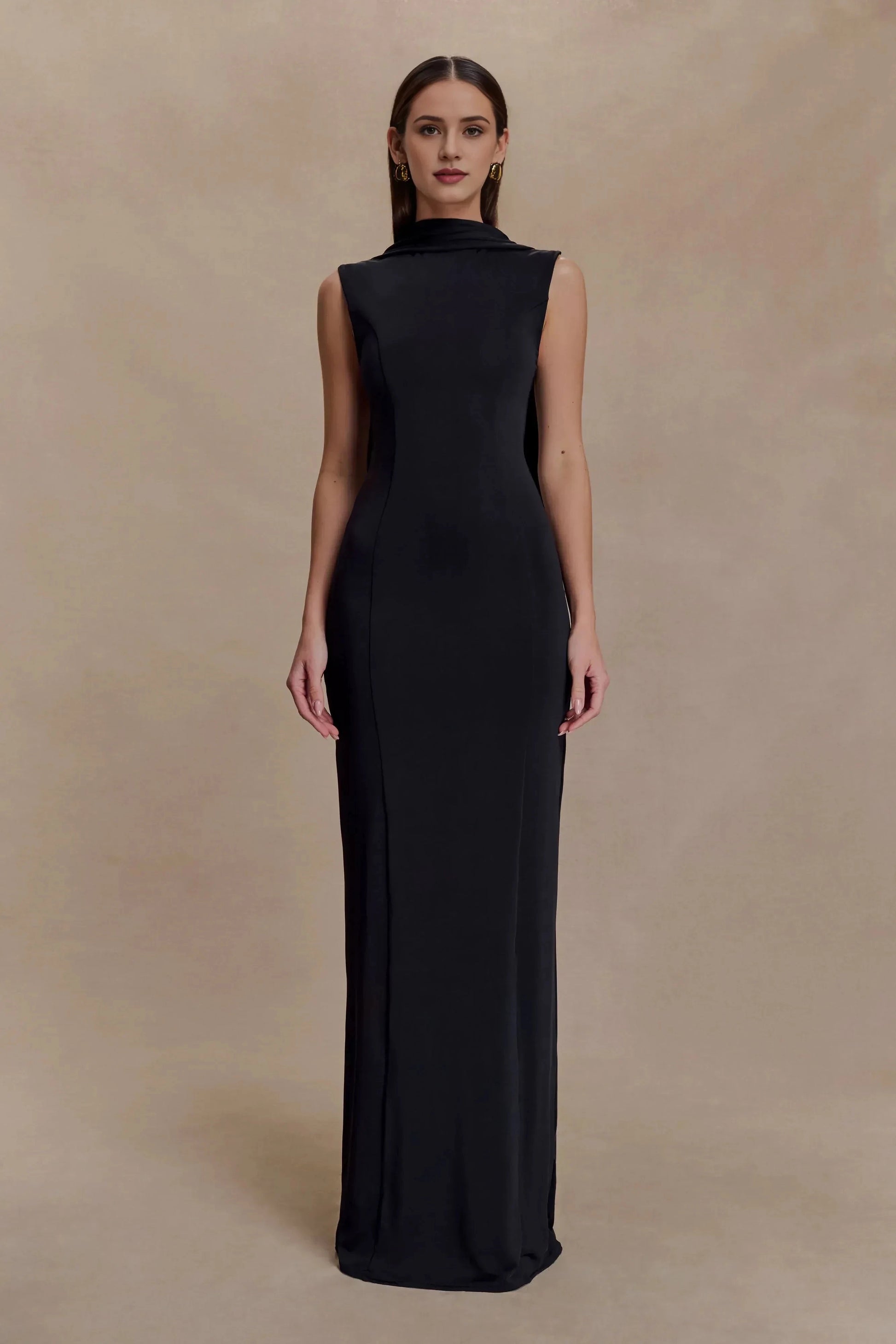 Refined Sheath High Neck Sleeveless Draped Back Floor Length Prom Dress by YiHuiw