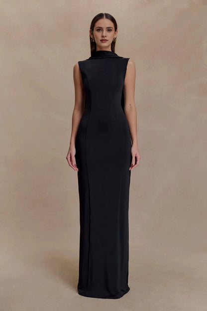 Refined Sheath High Neck Sleeveless Draped Back Floor Length Prom Dress by YiHuiw