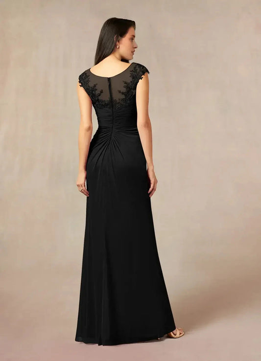 Refined Sheath Illusion Neck Cap Sleeve Lace Back Floor Length Mother of the Bride Dress by YiHuiw