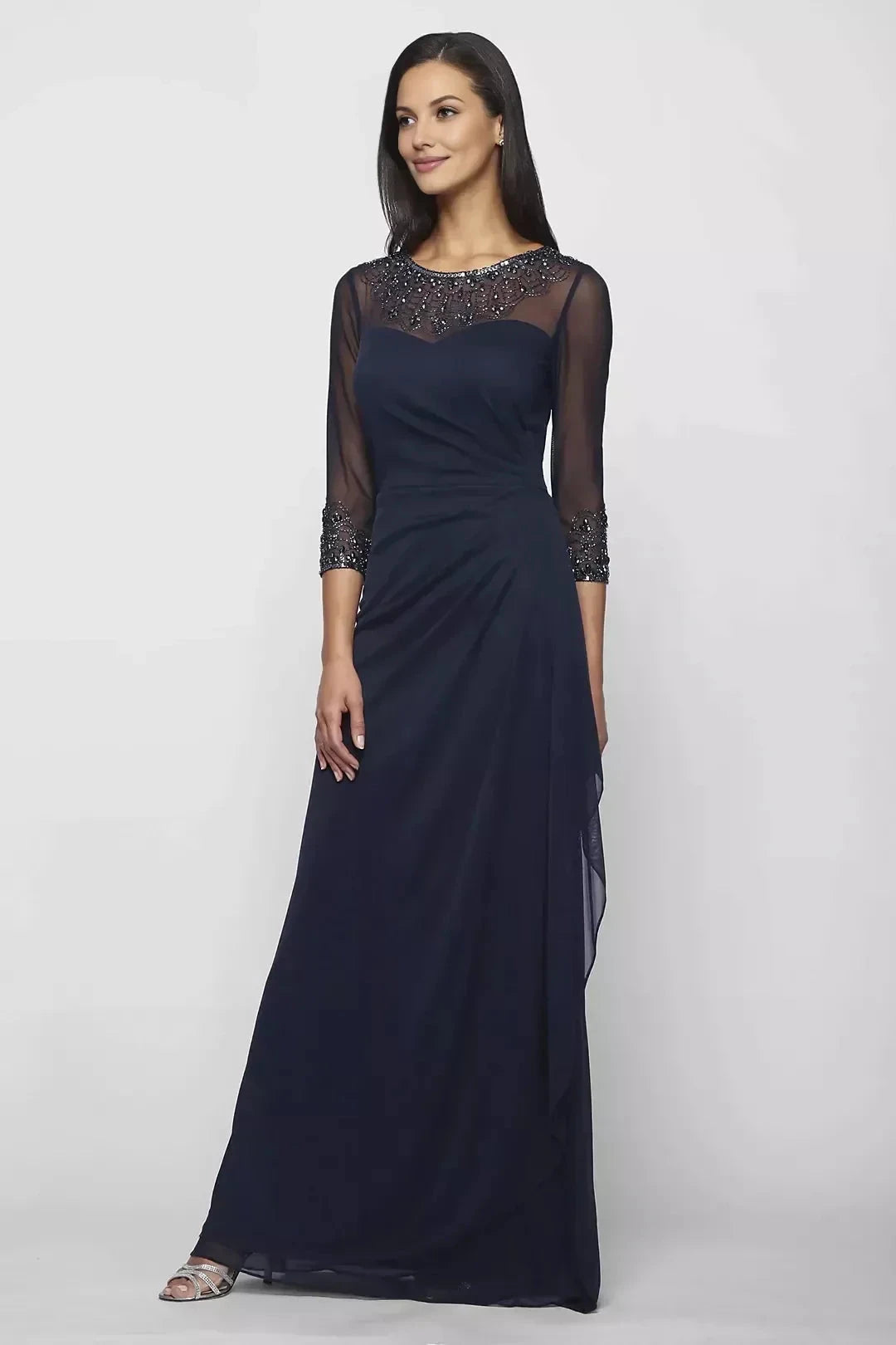 Refined Sheath Illusion Neck Three Quarter Sleeve Beaded Back Floor Length Mother of the Bride Dress by YiHuiw