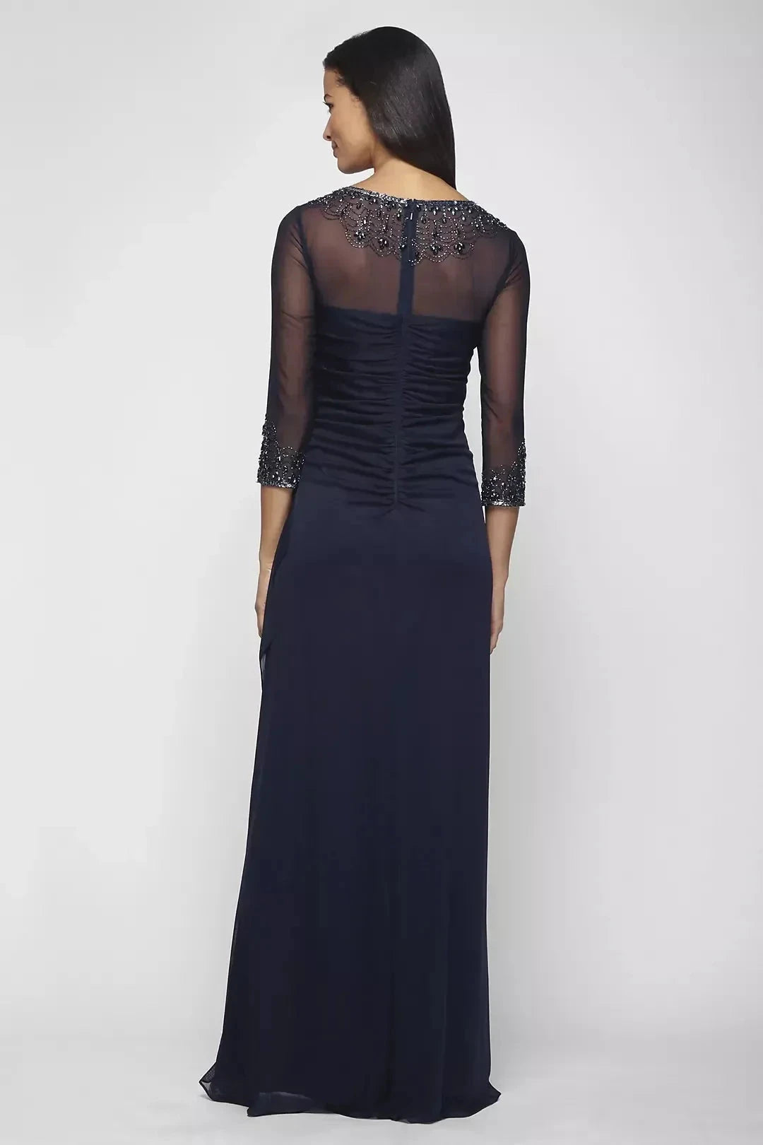 Refined Sheath Illusion Neck Three Quarter Sleeve Beaded Back Floor Length Mother of the Bride Dress by YiHuiw