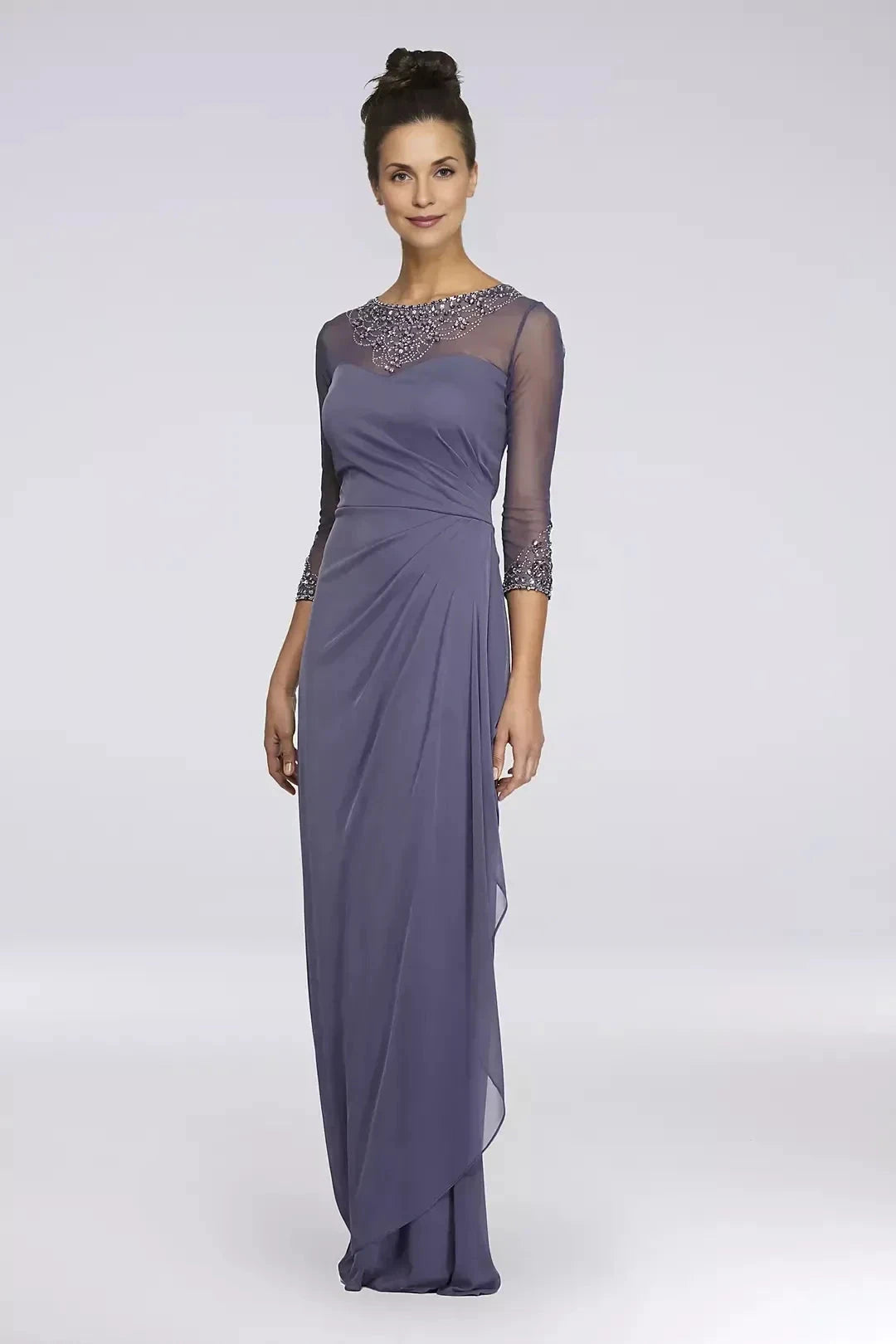 Refined Sheath Illusion Neck Three Quarter Sleeve Beaded Back Floor Length Mother of the Bride Dress by YiHuiw