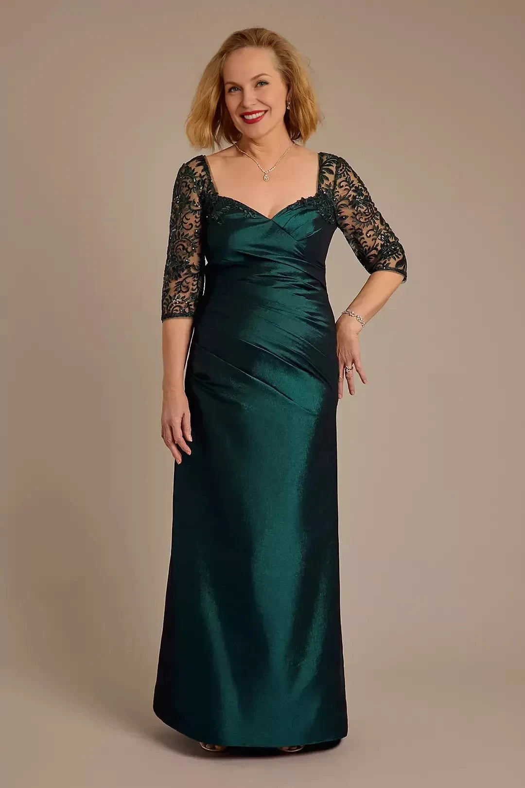 Refined Sheath Square Neck Three Quarter Sleeve Lace Back Floor Length Mother of the Bride Dress by YiHuiw