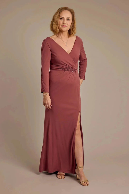 Refined Sheath V Neck Long Sleeve Ruched Back Floor Length Mother of the Bride Dress by YiHuiw