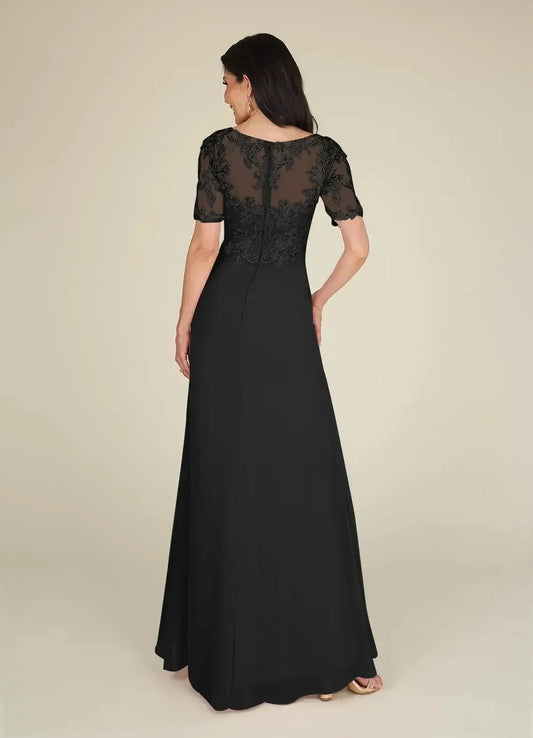 Refined Sheath V Neck Short Lace Sleeve Ruched Back Floor Length Mother of the Bride Dress by YiHuiw