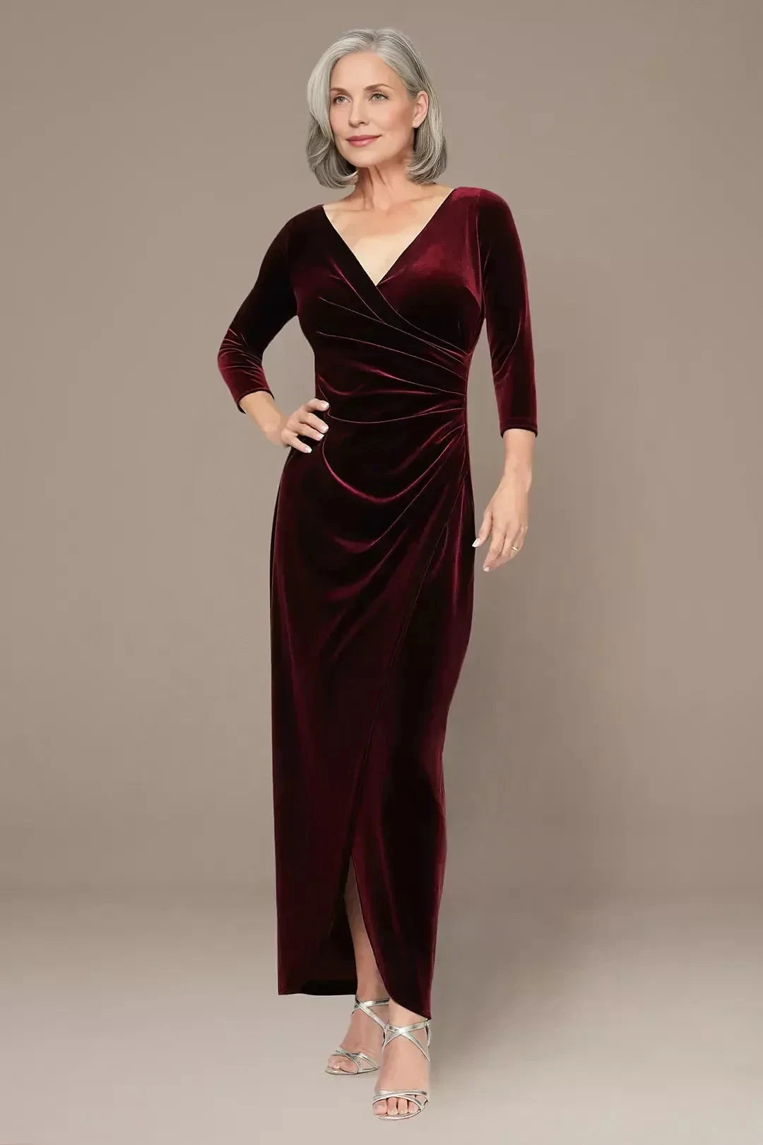 Refined Sheath V Neck Three Quarter Sleeve Plain Back Floor Length Mother of the Bride Dress by YiHuiw