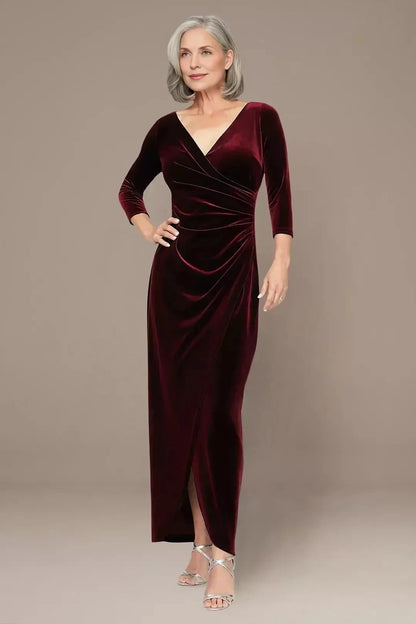 Refined Sheath V Neck Three Quarter Sleeve Plain Back Floor Length Mother of the Bride Dress by YiHuiw