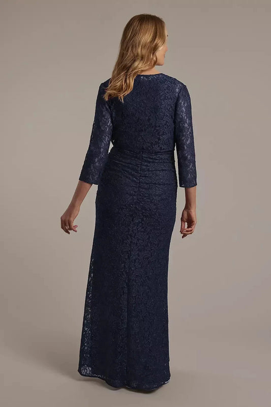 Refined Two Piece Square Neck Three Quarter Sleeve Lace Back Floor Length Mother of the Bride Dress by YiHuiw
