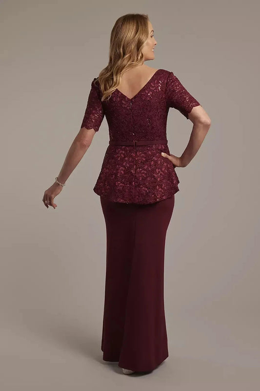 Refined Two Piece V Neck Short Sleeve Lace Back Floor Length Mother of the Bride Dress by YiHuiw