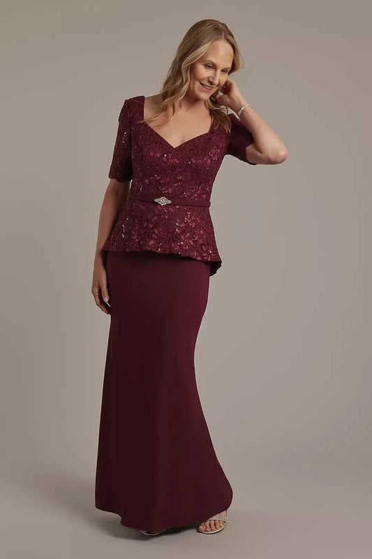 Refined Two Piece V Neck Short Sleeve Lace Back Floor Length Mother of the Bride Dress by YiHuiw