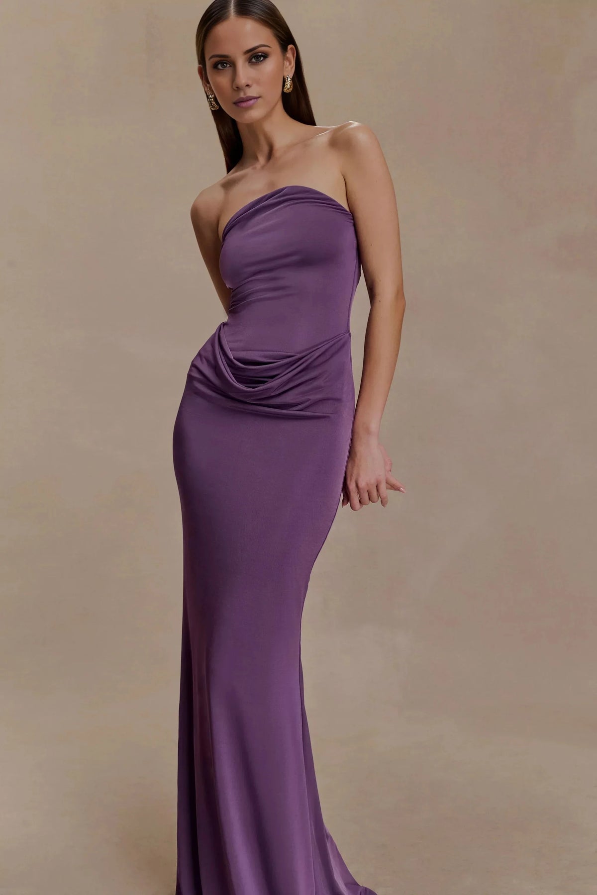 Refined Off the Shoulder Neck Satin Sleeveless Strapless Ruched Mermaid Floor-Length Evening Dress by YiHuiw