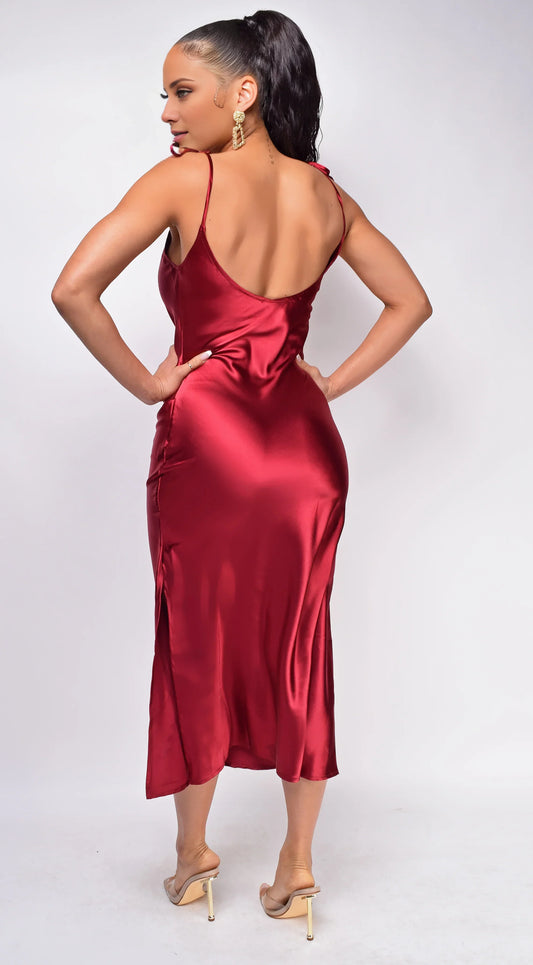 Refined Satin Spaghetti-Strap Square-Neck Ruched Open-Back Midi Evening Dress