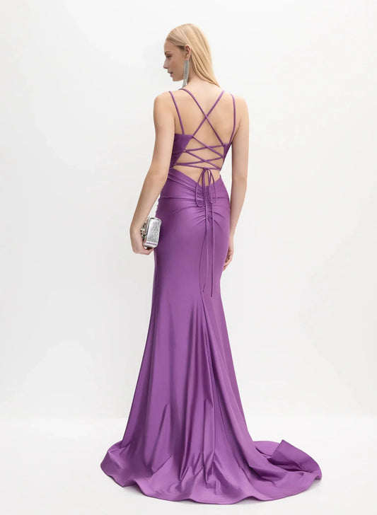 Refined Square Neck Spaghetti Strap Cross-Back Lace-Up Side-Slit Mermaid Floor-Length Evening Dress by YiHuiw