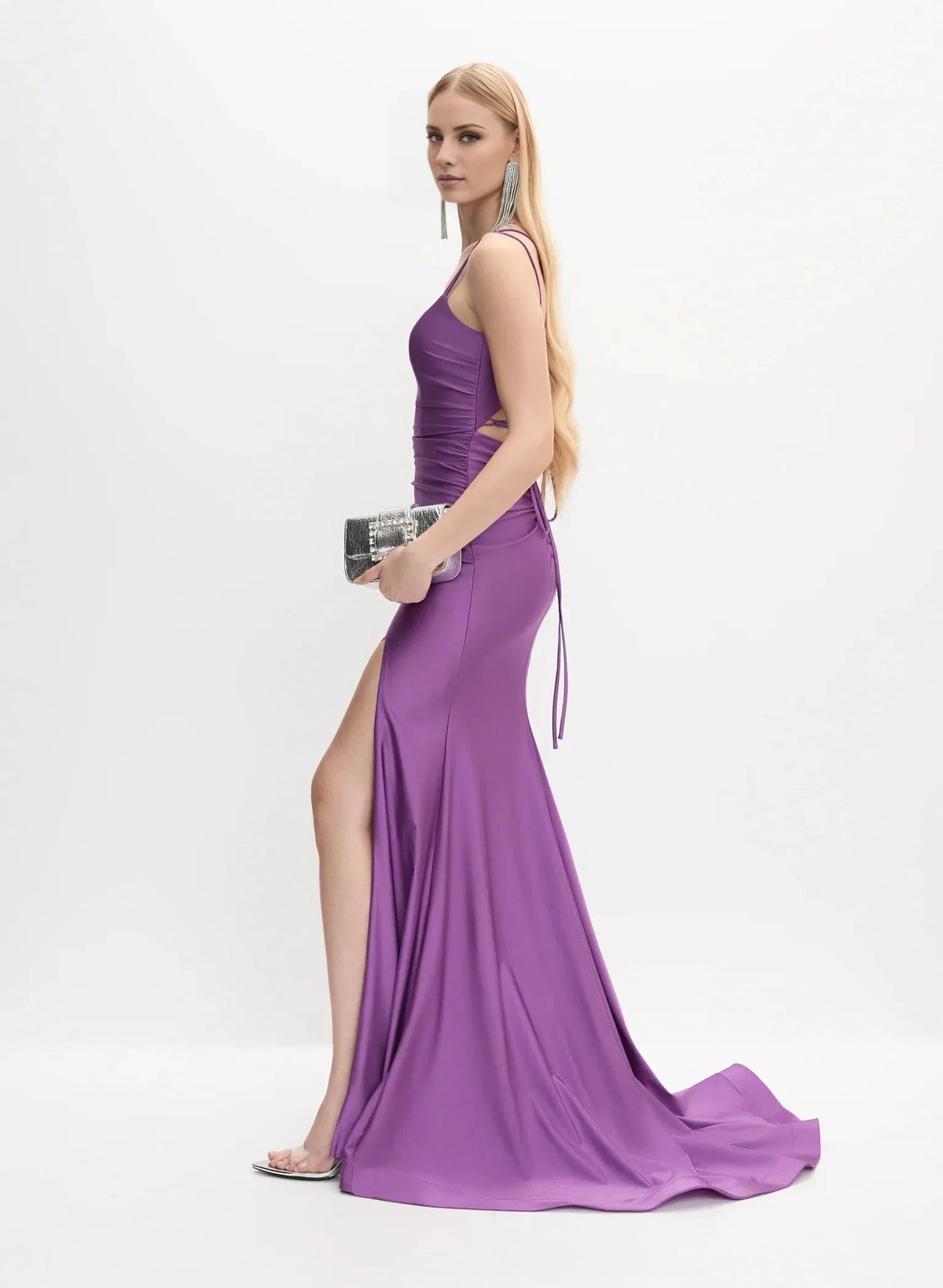 Refined Square Neck Spaghetti Strap Cross-Back Lace-Up Side-Slit Mermaid Floor-Length Evening Dress by YiHuiw