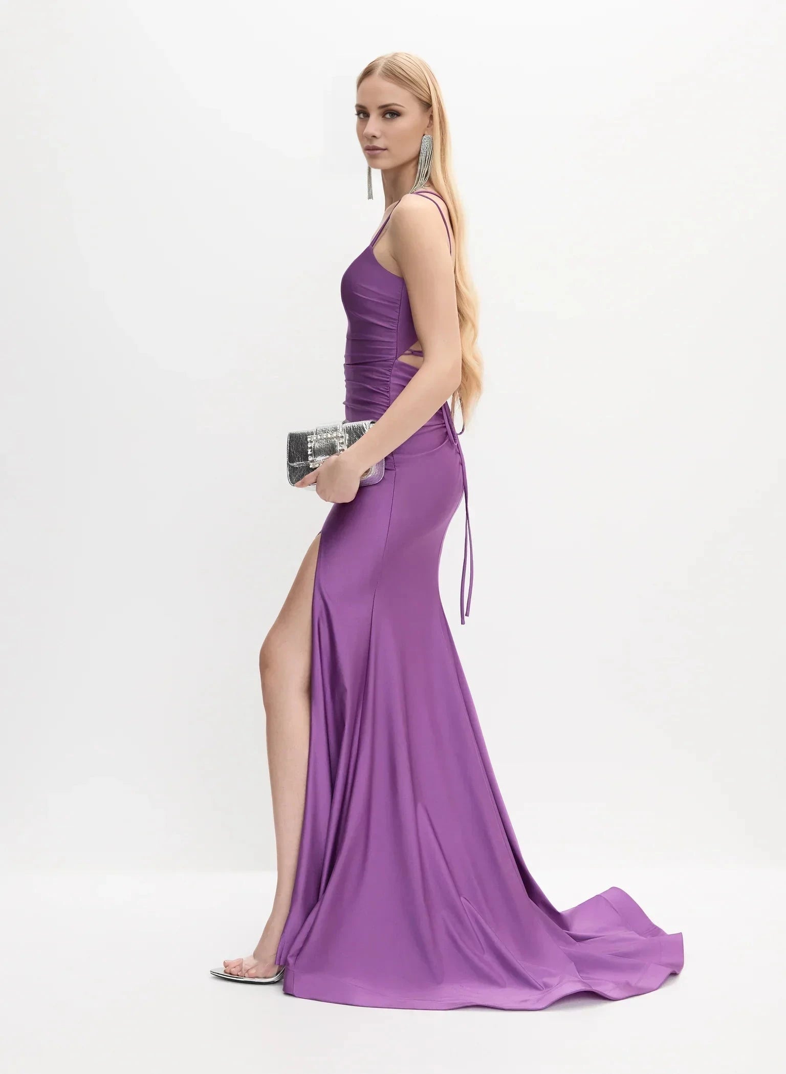 Refined Square Neck Spaghetti Strap Cross-Back Lace-Up Side-Slit Mermaid Floor-Length Evening Dress by YiHuiw