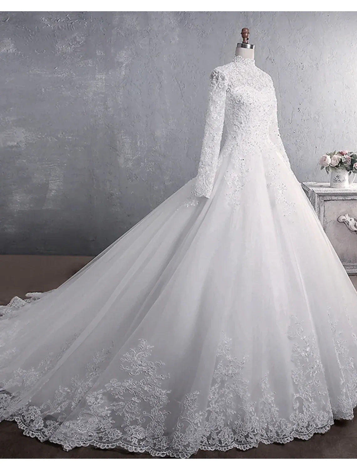 Ball Gown High Neck Lace Button Back Train Wedding Gown - Yihuiw by Yihuiw