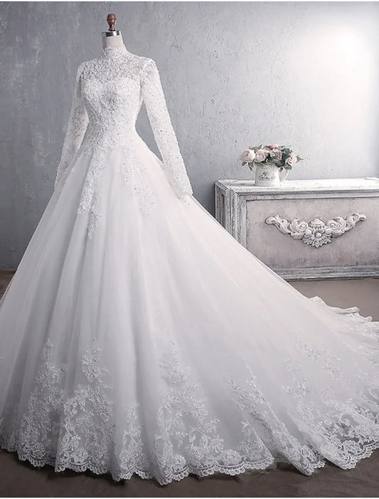 Ball Gown High Neck Lace Button Back Train Wedding Gown - Yihuiw by Yihuiw