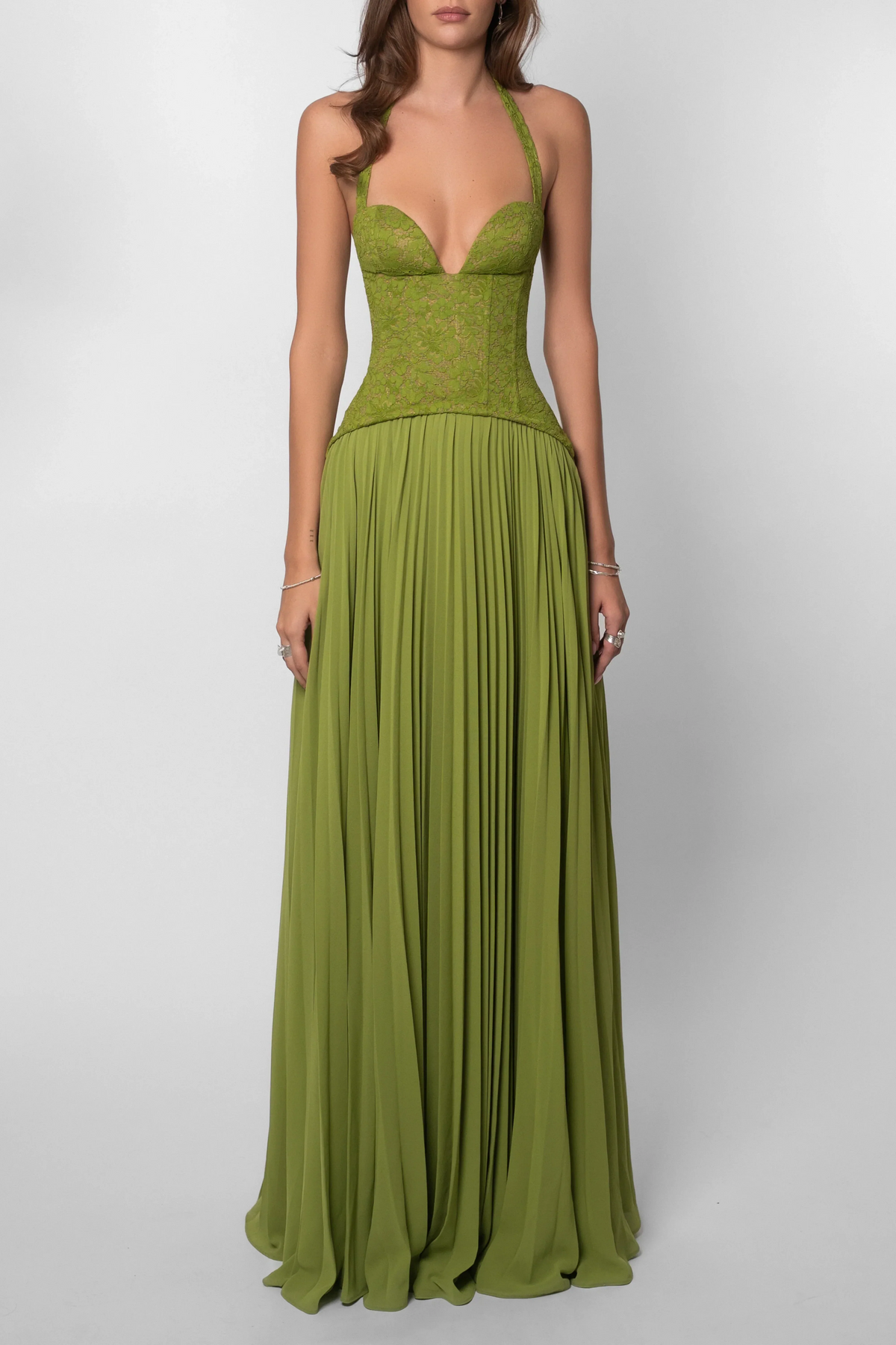 Halter Lace Lace-Up Back Pleated Floor-Length Wedding Dress - Yihuiw by Yihuiw