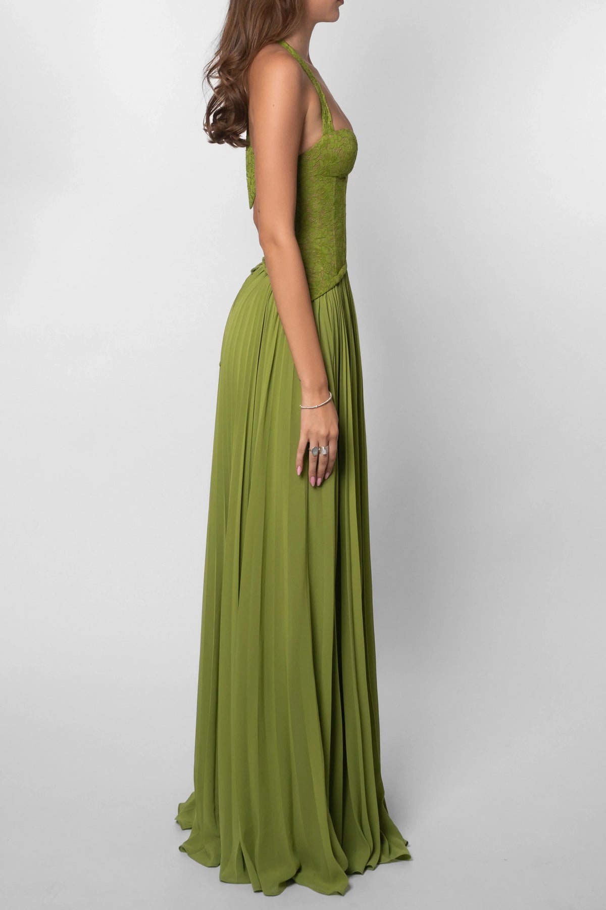 Halter Lace Lace-Up Back Pleated Floor-Length Wedding Dress - Yihuiw by Yihuiw
