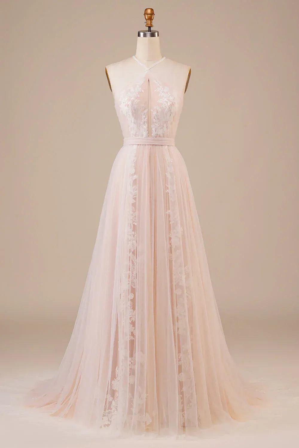 A-Line Halter Tulle Open Back Train Evening Dress - Yihuiw by Yihuiw