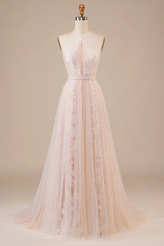 A-Line Halter Tulle Open Back Train Evening Dress - Yihuiw by Yihuiw