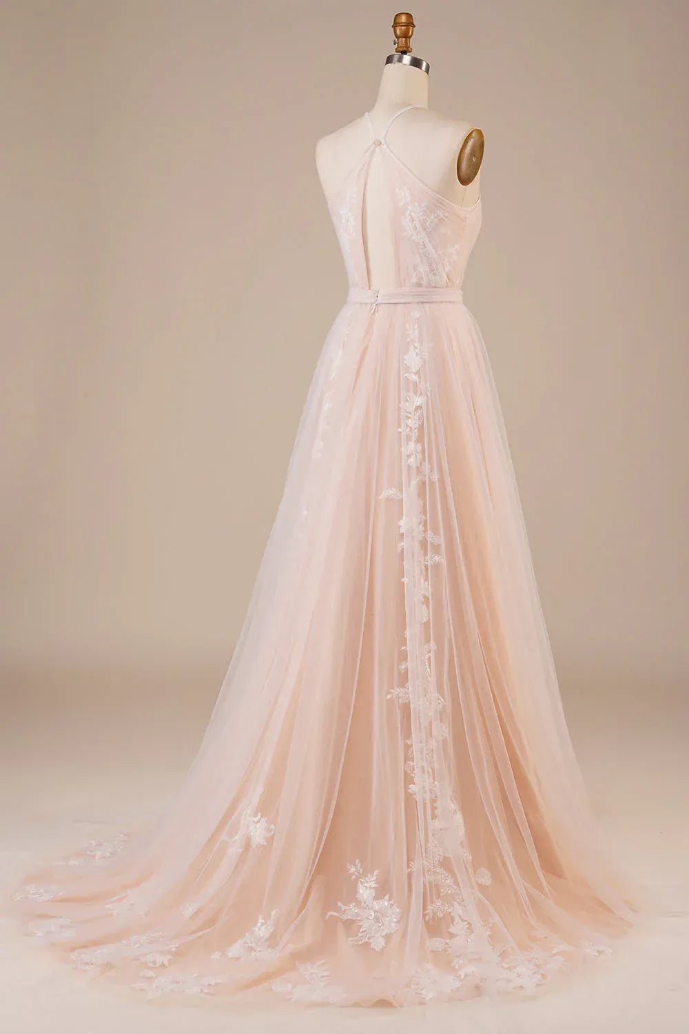 A-Line Halter Tulle Open Back Train Evening Dress - Yihuiw by Yihuiw