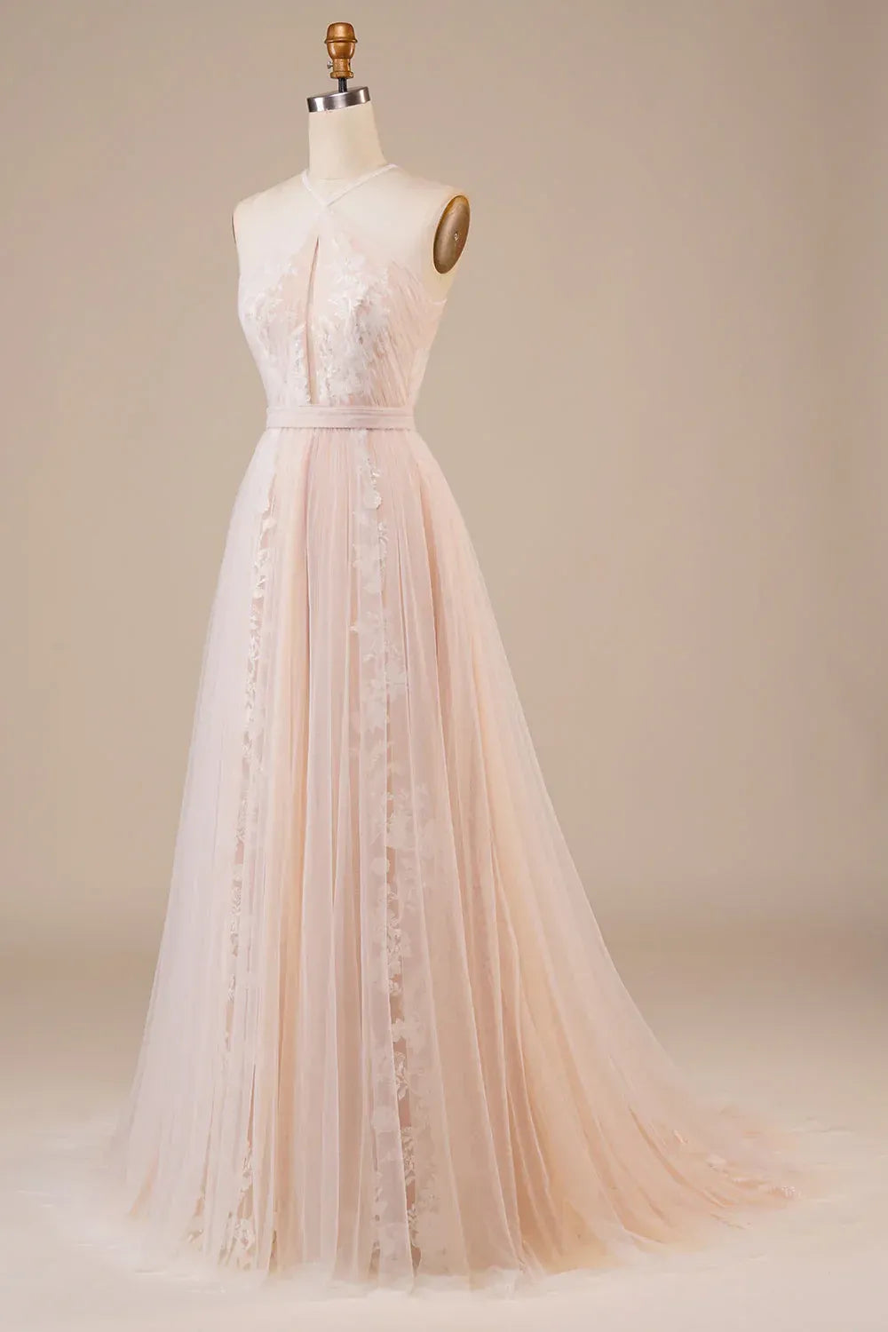 A-Line Halter Tulle Open Back Train Evening Dress - Yihuiw by Yihuiw