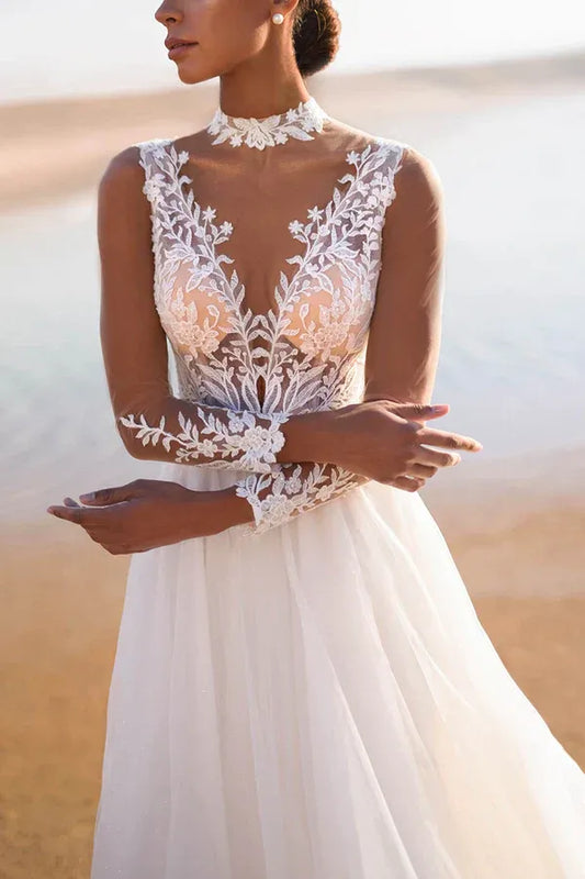 A-Line High Neck Sleeveless Floor-Length Wedding Dress - Yihuiw by Yihuiw