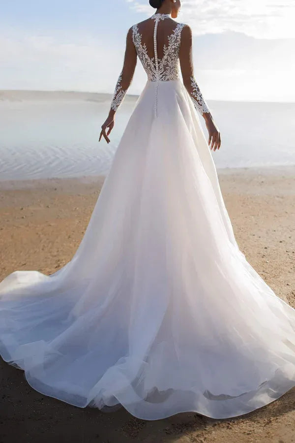 A-Line High Neck Sleeveless Floor-Length Wedding Dress - Yihuiw by Yihuiw