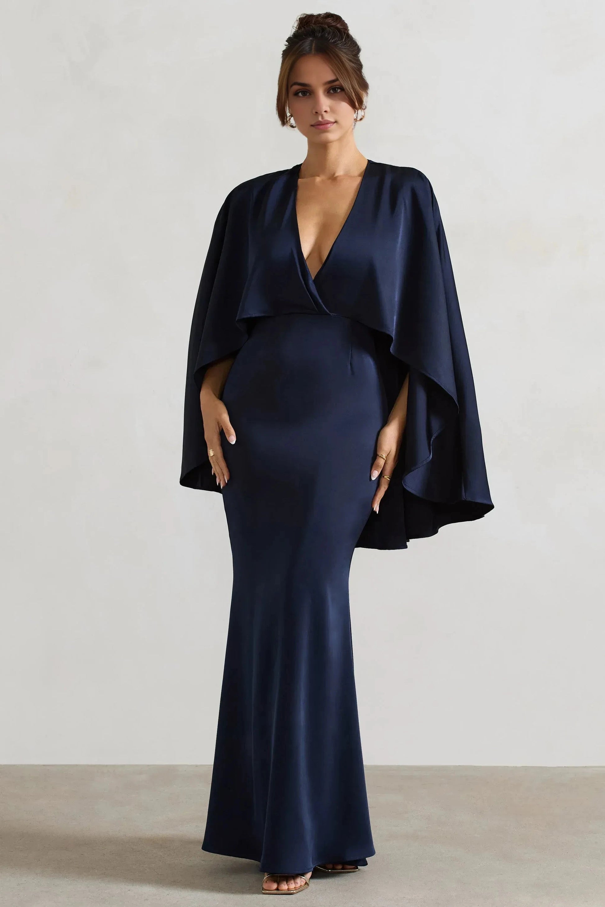 Regal Mermaid Deep V Cape Sleeve Open Back Floor Length Plus Size For Women Evening Dress by YiHuiw