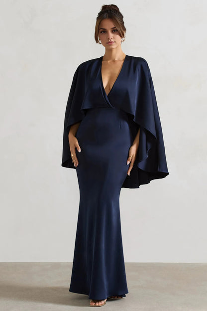 Regal Mermaid Deep V Cape Sleeve Open Back Floor Length Plus Size For Women Evening Dress by YiHuiw