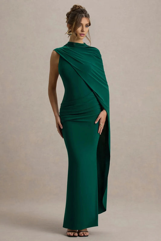 Regal Mermaid High Neck Draped Accent Sleeveless Keyhole Back Floor Length Prom Dress by YiHuiw