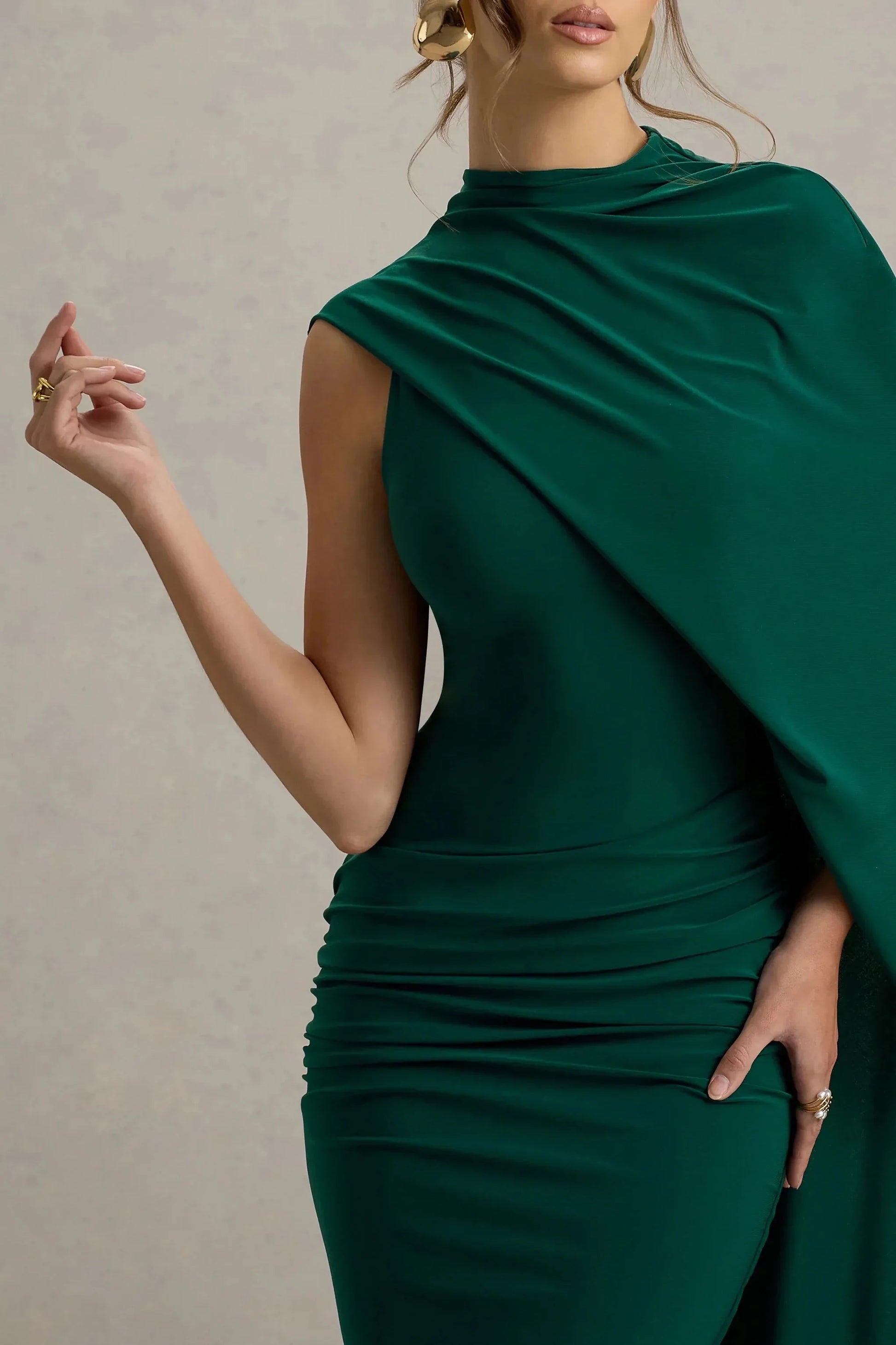 Regal Mermaid High Neck Draped Accent Sleeveless Keyhole Back Floor Length Prom Dress by YiHuiw