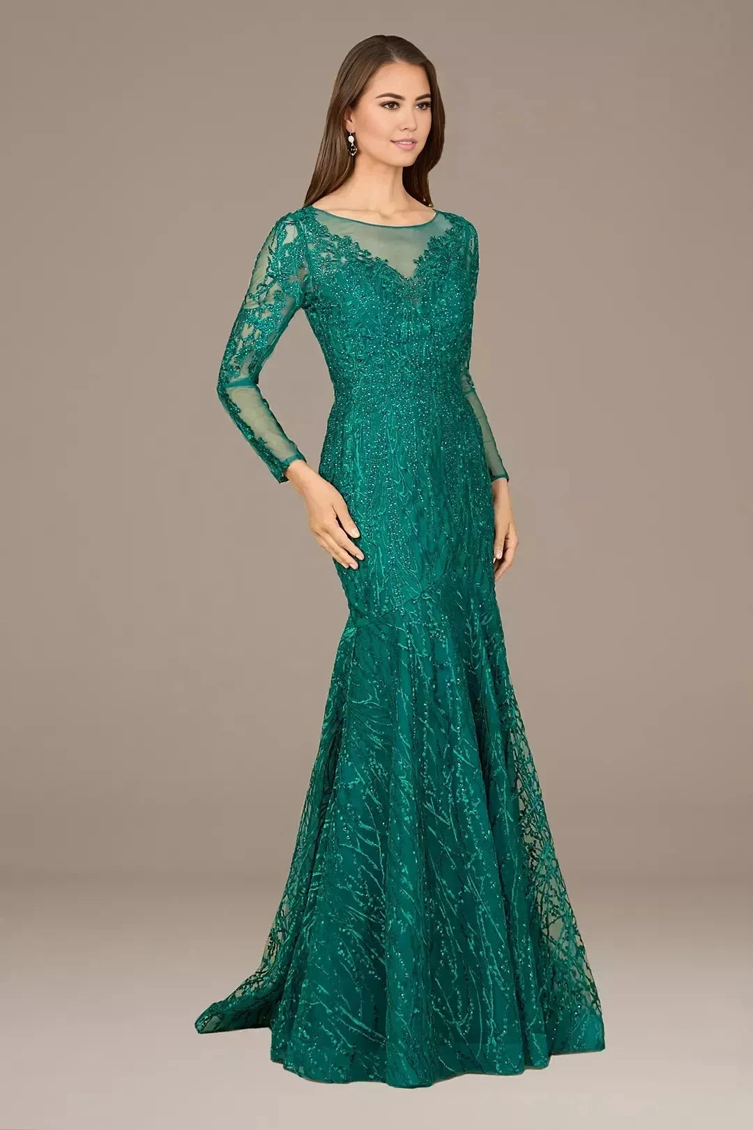 Regal Mermaid Illusion Neck Long Sleeve Lace Back Floor Length Mother of the Bride Dress by YiHuiw