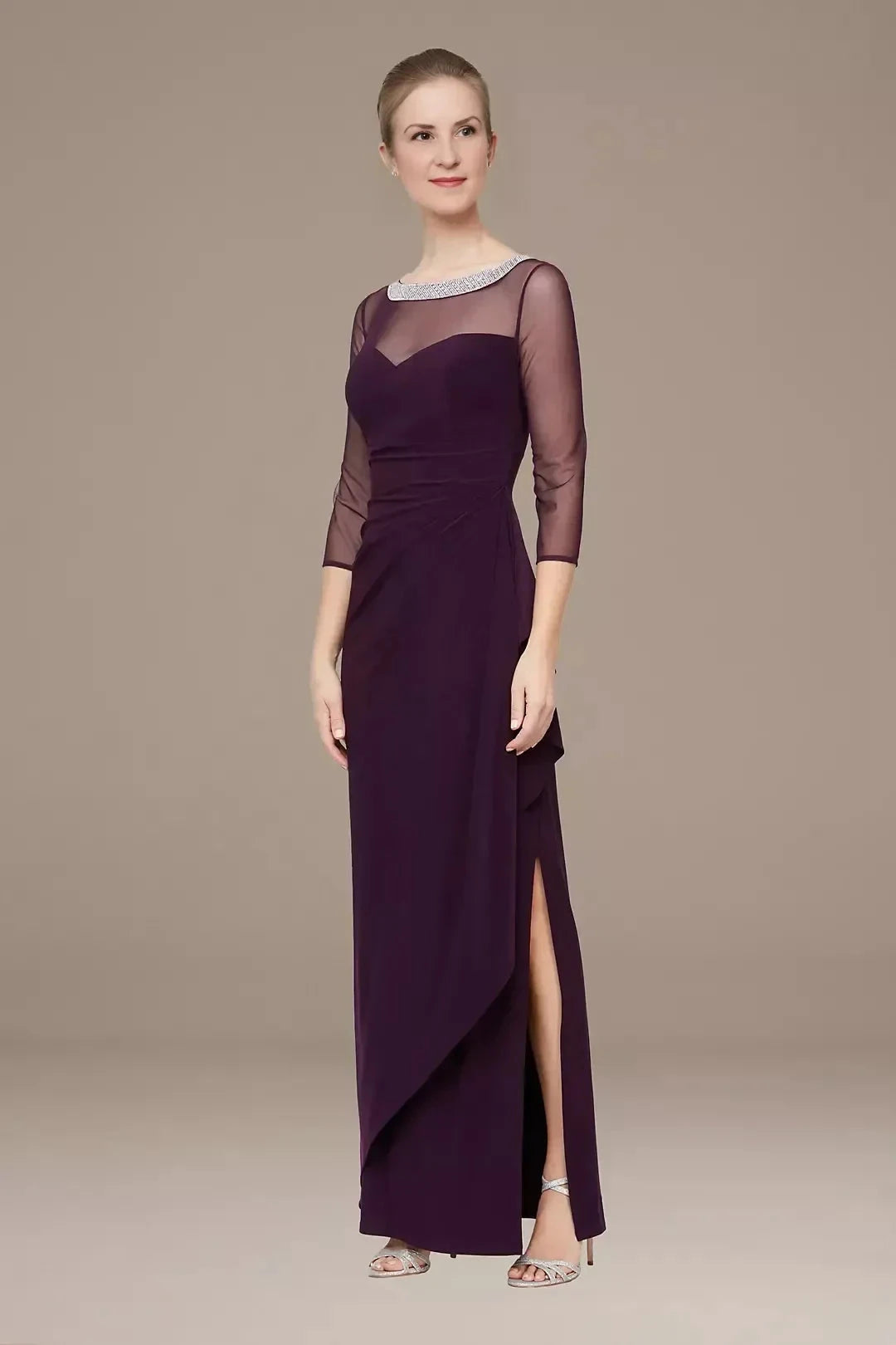 Regal Sheath Illusion Neck Three Quarter Sleeve Zipper Back Floor Length Mother of the Bride Dress by YiHuiw
