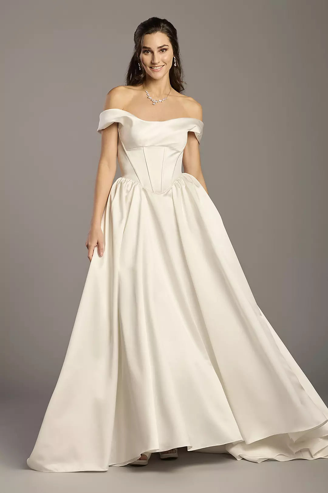 Regal Ballgown Off-the-Shoulder Satin Corset Bodice Full-Skirt Train Wedding Dress