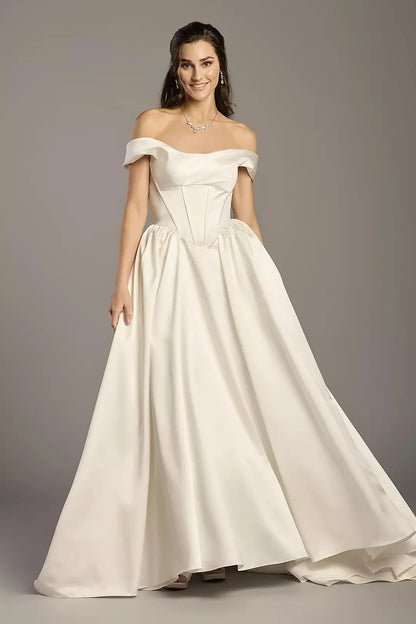 Regal Ballgown Off-the-Shoulder Satin Corset Bodice Full-Skirt Train Wedding Dress by YiHuiw