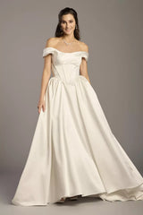 Regal Ballgown Off-the-Shoulder Satin Corset Bodice Full-Skirt Train Wedding Dress