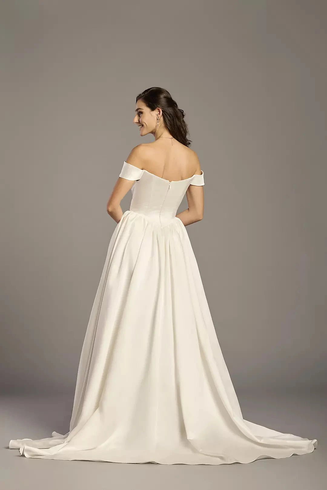 Regal Ballgown Off-the-Shoulder Satin Corset Bodice Full-Skirt Train Wedding Dress by YiHuiw