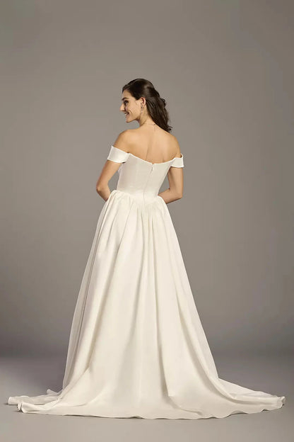 Regal Ballgown Off-the-Shoulder Satin Corset Bodice Full-Skirt Train Wedding Dress by YiHuiw