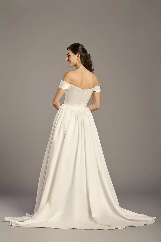 Regal Ballgown Off-the-Shoulder Satin Corset Bodice Full-Skirt Train Wedding Dress by YiHuiw