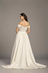 Regal Ballgown Off-the-Shoulder Satin Corset Bodice Full-Skirt Train Wedding Dress