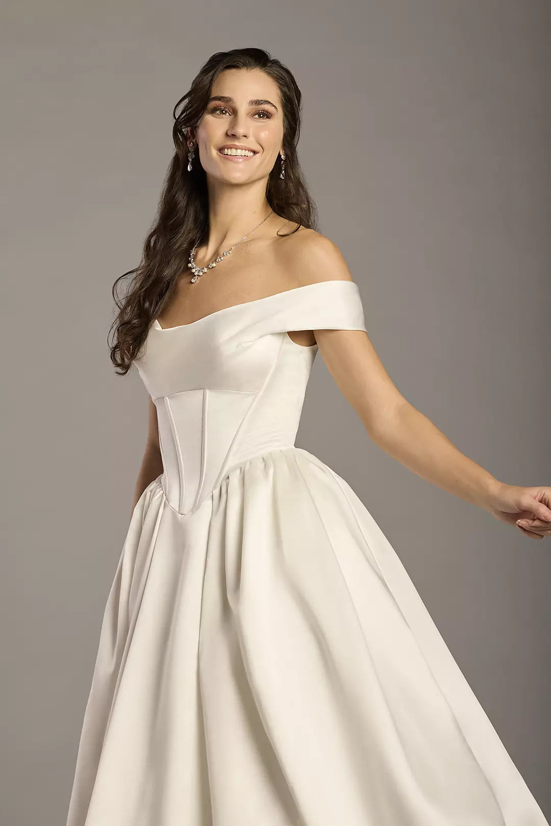 Regal Ballgown Off-the-Shoulder Satin Corset Bodice Full-Skirt Train Wedding Dress
